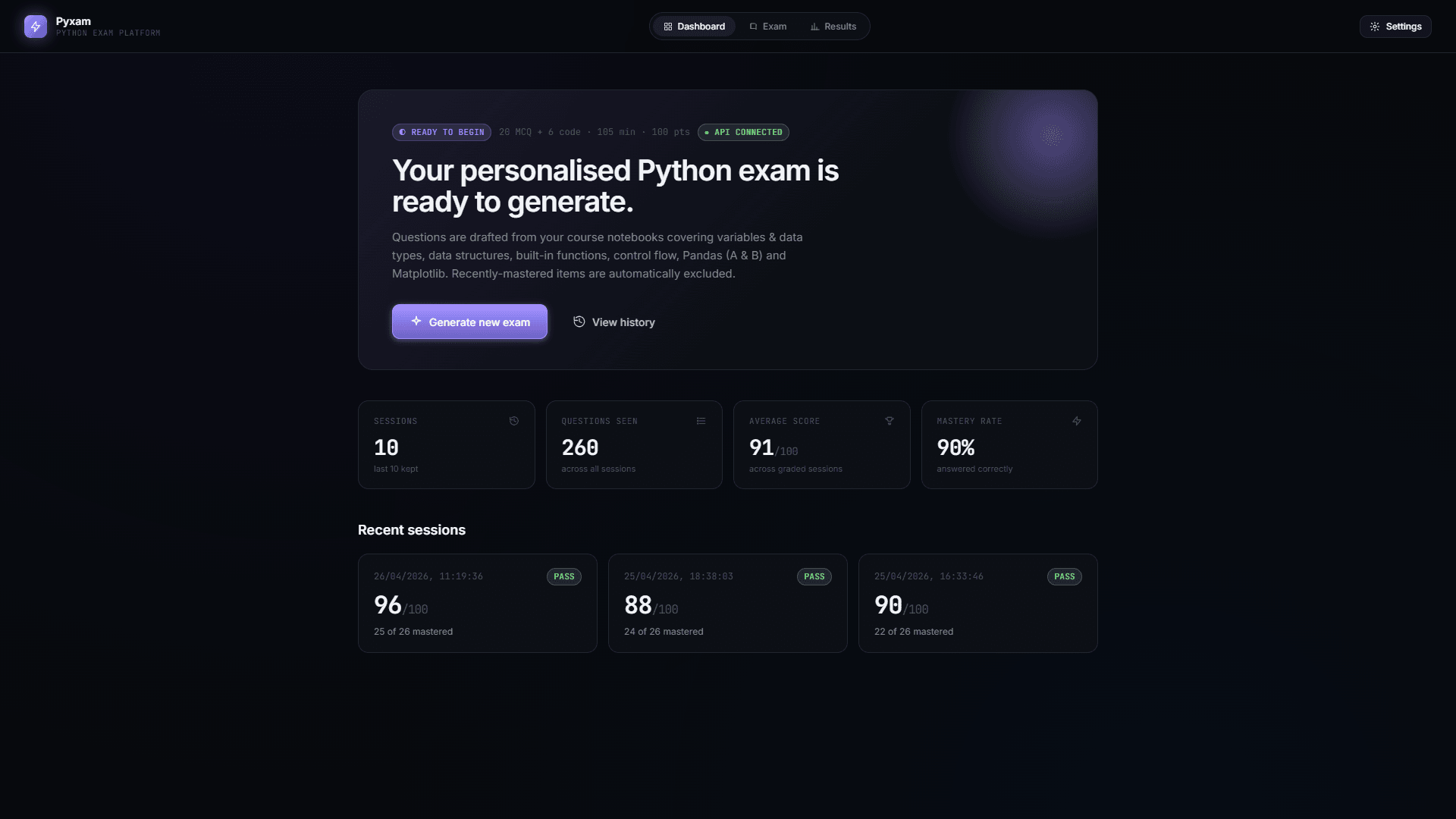 PyExam exam interface showing multiple choice questions and code editor