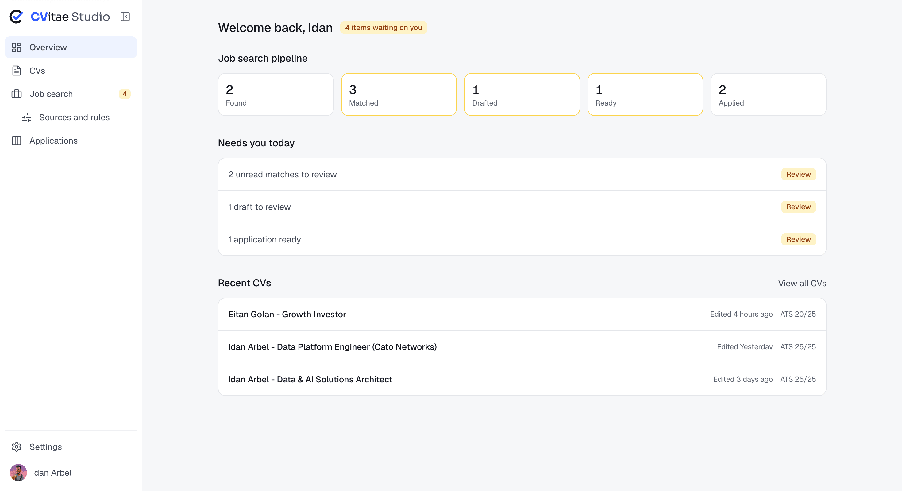 CVitae Studio dashboard showing the user's saved résumés